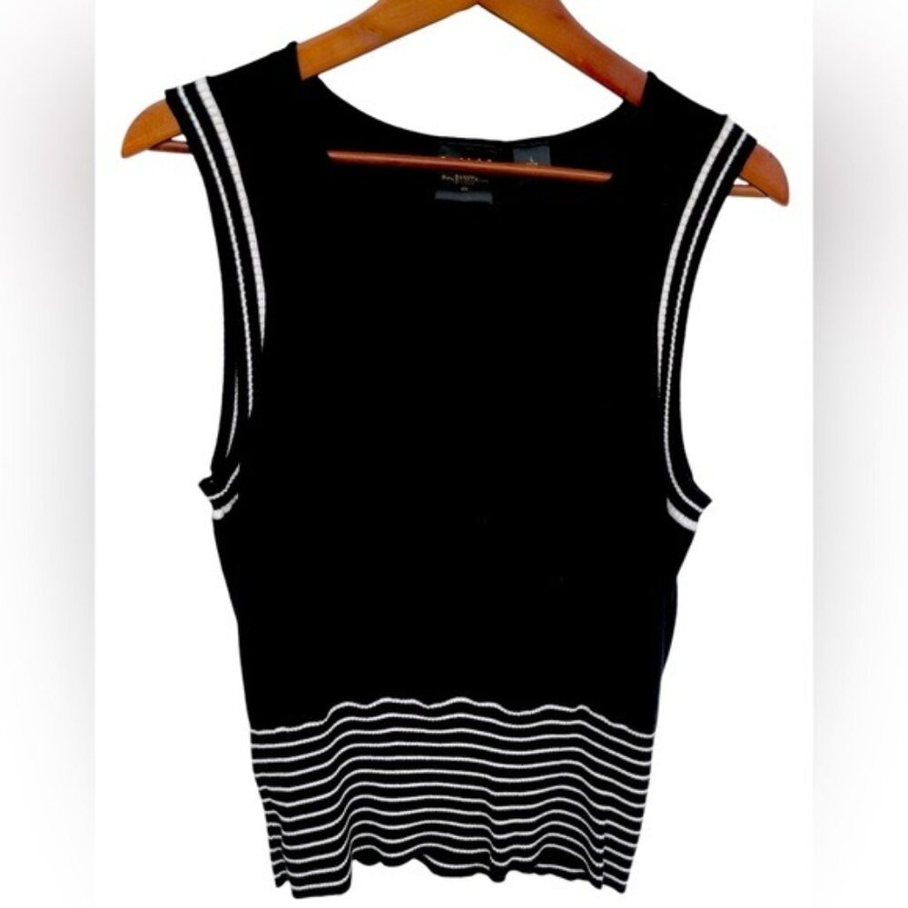 B. Moss Women’s Sleeveless Knit Top Black L Rayon/Nylon Striped Waist Pre-Owned